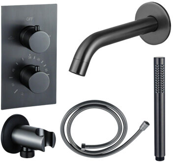 FortiFura Calvi Badkraan set - uitloop - 22cm inkortbaar - metalen slang - staafhanddouche - inbouwdeel - wandhouder - geborsteld gunmetal PVD SW766536/SW706207/SW721170/SW1122514/SW766537 Gunmetal geborsteld (antraciet)