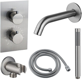 FortiFura Calvi Badkraan set - uitloop - 22cm inkortbaar - metalen slang - staafhanddouche - inbouwdeel - wandhouder - geborsteld RVS PVD SW542645/SW706208/SW1159493/SW1122512/SW496812 RVS geborsteld