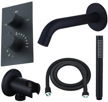 FortiFura Calvi Badkraan set - uitloop - 22cm inkortbaar - metalen slang - staafhanddouche - inbouwdeel - wandhouder - mat zwart SW542644/SW706203/SW721167/SW1122511/SW496811 Zwart mat