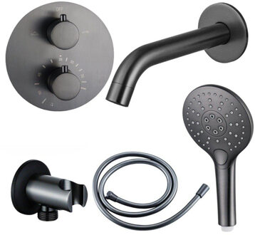 FortiFura Calvi Badkraan set - uitloop - 22cm inkortbaar - rond bedienigspaneel - gladde slang - ronde handdouche - inbouwdeel - wandhouder - geborsteld gunmetal PVD SW721165/SW766536/SW799451/SW1122514/SW1159495/SW1 Gunmetal geborsteld (antraciet)