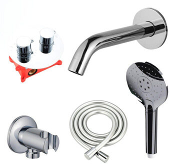 FortiFura Calvi Badkraan set - uitloop - 22cm inkortbaar - rond bedieningspaneel - gladde slang - ronde handdouche - inbouwdeel - wandhouder - chroom SW542643/SW706209/SW721166/SW1122510/SW496814/SW11