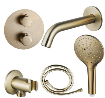 FortiFura Calvi Badkraan set - uitloop - 22cm inkortbaar - rond bedieningspaneel - gladde slang - ronde handdouche - inbouwdeel - wandhouder - geborsteld messing SW720569/SW728176/SW799451/SW1122513/SW720570/SW11 Messing geborsteld (goud)