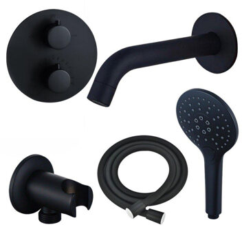 FortiFura Calvi Badkraan set - uitloop - 22cm inkortbaar - rond bedieningspaneel - gladde slang - ronde handdouche - inbouwdeel - wandhouder - mat zwart SW542644/SW706210/SW721167/SW1122511/SW496816/SW11 Zwart mat