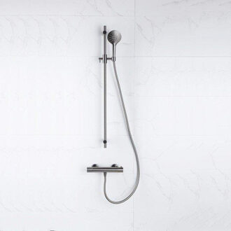 FortiFura Calvi douchekraan met glijstangset met ronde handdouche, metalen doucheslang Geborsteld Gunmetal PVD SW767491/SW799451/SW706207/SW767285 Gunmetal geborsteld (antraciet)