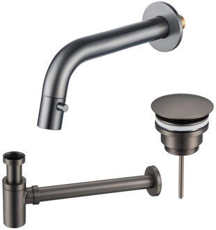 FortiFura Calvi Fonteinkraanset - inbouw - uitloop 18cm - inkortbaar - sifon - always open plug - Geborsteld Gunmetal PVD SW1108831/SW767295/SW769487 Gunmetal geborsteld (antraciet)