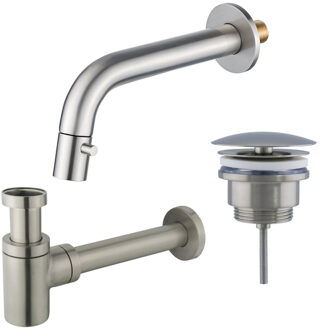 FortiFura Calvi Fonteinkraanset - inbouw - uitloop 18cm - inkortbaar - sifon - always open plug - Geborsteld RVS PVD (RVS) SW1108829/SW696217/SW696207 RVS geborsteld