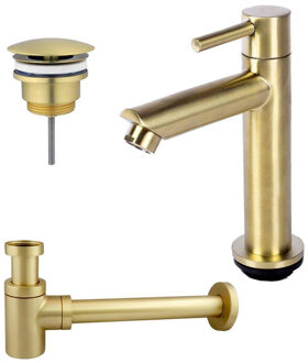 FortiFura Calvi fonteinkraanset met staande fonteinkraan laag, always open plug en design sifon Geborsteld Messing PVD (Goud) SW696238 / SW696208 / SW696218 Messing geborsteld (goud)