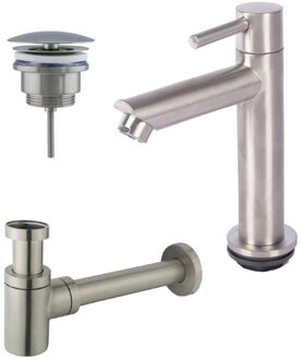 FortiFura Calvi fonteinkraanset met staande fonteinkraan laag, always open plug en design sifon Geborsteld RVS PVD (RVS) SW696237 / SW696207 / SW696217 RVS geborsteld