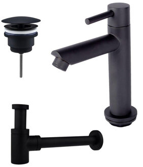 FortiFura Calvi fonteinkraanset met staande fonteinkraan laag, always open plug en design sifon Mat Zwart SW696235 / SW696205 / SW696215 Zwart mat