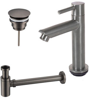 FortiFura Calvi fonteinkraanset met staande fonteinkraan laag, always open plug en design sifon PVD Geborsteld Geborsteld Gunmetal PVD SW696239 / SW769487 / SW767295 Gunmetal geborsteld (antraciet)