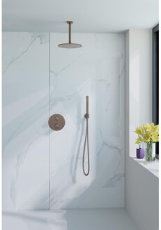 FortiFura Calvi inbouw Regendoucheset - rond - thermostatisch - plafondarm - 25cm hoofddouche - staaf handdouche - gladde slang - Geborsteld koper PVD SW799407/SW970041/SW970042/SW970045/SW970046/SW115 Koper geborsteld