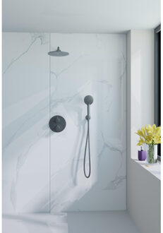 FortiFura Calvi Inbouw Regendoucheset - rond - thermostatisch - wandarm - 25cm hoofddouche - ronde handdouche - Geborsteld Gunmetal PVD SW706207/SW720556/SW720563/SW766536/SW721170/SW799 Gunmetal geborsteld (antraciet)