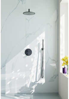 FortiFura Calvi Inbouw Regendoucheset - rond - thermostatisch - wandarm - 25cm hoofddouche - staaf handdouche - gladde doucheslang - Geborsteld Gunmetal PVD SW720556/SW720563/SW721165/SW721170/SW766536/SW766 Gunmetal geborsteld (antraciet)