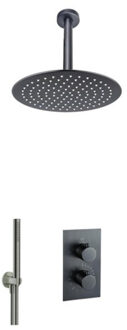 FortiFura Calvi Inbouw Regendoucheset - thermostatisch - plafondarm - 25cm hoofddouche - staaf handdouche - gladde doucheslang - geborsteld Gunmetal PVD SW720556/SW720558/SW721165/SW721170/SW766536/SW766 Gunmetal geborsteld (antraciet)