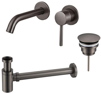 FortiFura Calvi Slim Wastafelkraanset - inbouw wastafelkraan - always open plug - verlaagde design sifon - Geborsteld Gunmetal PVD SW766534/SW769487/SW767295 Gunmetal geborsteld (antraciet)