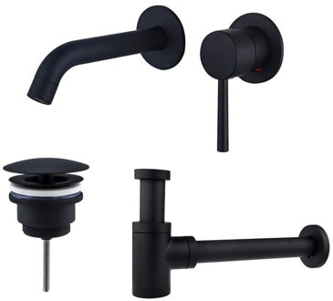 FortiFura Calvi Slim Wastafelkraanset - inbouw wastafelkraan inkortbaar - always open plug - verlaagde design sifon - Mat zwart SW377837/SW696205/SW696215 Zwart mat