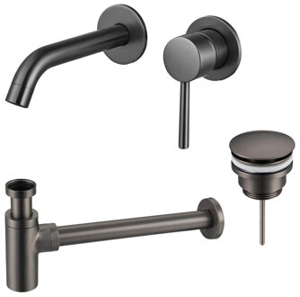 FortiFura Calvi Slim Wastafelkraanset - inbouw wastafelkraan - klikwaste plug - design sifon - Geborsteld Gunmetal PVD SW766534/SW767288/SW767297 Gunmetal geborsteld (antraciet)