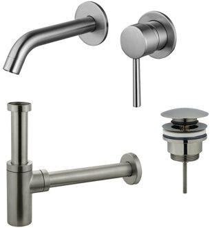 FortiFura Calvi Slim Wastafelkraanset - inbouw wastafelkraan - klikwaste plug - design sifon - Geborsteld RVS PVD (RVS) SW377860/SW696201/SW696212 RVS geborsteld