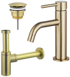 FortiFura Calvi Slim Wastafelkraanset - lage wastafelkraan - always open plug - design sifon - Geborsteld Messing PVD (Goud) SW720545/SW696208/SW696213 Messing geborsteld (goud)