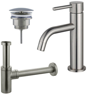 FortiFura Calvi Slim Wastafelkraanset - lage wastafelkraan - always open plug - design sifon - Geborsteld RVS PVD (RVS) SW377858/SW696207SW696212 RVS geborsteld