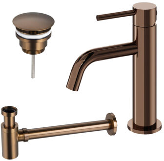 FortiFura Calvi Slim Wastafelkraanset - lage wastafelkraan - always open plug - verlaagde design sifon - Geborsteld koper PVD (Koper) SW799405 / SW970029 / SW799403 Koper geborsteld