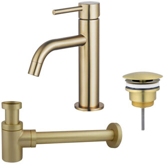 FortiFura Calvi Slim Wastafelkraanset - lage wastafelkraan - always open plug - verlaagde design sifon - Geborsteld Messing PVD (Goud) SW720545/SW696208/SW696218 Messing geborsteld (goud)