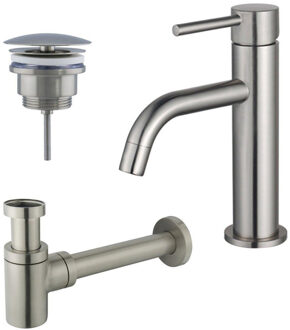 FortiFura Calvi Slim Wastafelkraanset - lage wastafelkraan - always open plug - verlaagde design sifon - Geborsteld RVS PVD (RVS) SW377858/SW696207/SW696217 RVS geborsteld
