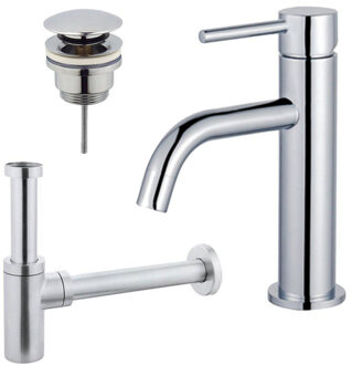 FortiFura Calvi Slim Wastafelkraanset - lage wastafelkraan - klikwaste plug - design sifon - Chroom SW377812/SW696203/SW696214