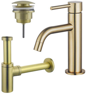 FortiFura Calvi Slim Wastafelkraanset - lage wastafelkraan - klikwaste plug - design sifon - Geborsteld Messing PVD (Goud) SW720545/SW696202/SW696213 Messing geborsteld (goud)