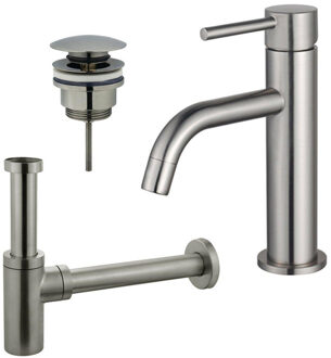 FortiFura Calvi Slim Wastafelkraanset - lage wastafelkraan - klikwaste plug - design sifon - Geborsteld RVS PVD (RVS) SW377858/SW696201/SW696212 RVS geborsteld