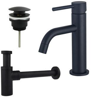 FortiFura Calvi Slim Wastafelkraanset - lage wastafelkraan - klikwaste plug - design sifon - Mat zwart SW377835/SW696199/SW696210 Zwart mat