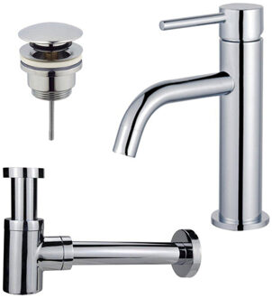 FortiFura Calvi Slim Wastafelkraanset - lage wastafelkraan - klikwaste plug - verlaagde design sifon - Chroom SW377812/SW696203/SW696219