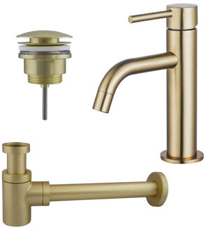 FortiFura Calvi Slim Wastafelkraanset - lage wastafelkraan - klikwaste plug - verlaagde design sifon - Geborsteld Messing PVD (Goud) SW720545/SW696202/SW696218 Messing geborsteld (goud)