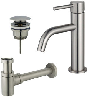 FortiFura Calvi Slim Wastafelkraanset - lage wastafelkraan - klikwaste plug - verlaagde design sifon - Geborsteld RVS PVD (RVS) SW377858/SW696201/SW696217 RVS geborsteld
