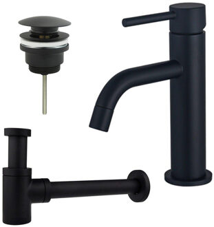 FortiFura Calvi Slim Wastafelkraanset - lage wastafelkraan - klikwaste plug - verlaagde design sifon - Mat zwart SW377835/SW696199/SW696215 Zwart mat