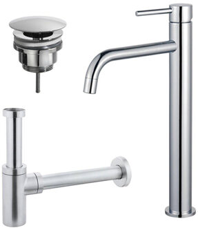 FortiFura Calvi Slim Wastafelkraanset - verhoogde wastafelkraan - always open plug - design sifon - Chroom SW377813/SW696209/SW696214