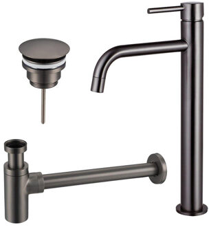 FortiFura Calvi Slim Wastafelkraanset - verhoogde wastafelkraan - always open plug - design sifon - Geborsteld Gunmetal PVD SW766539/SW769487/SW767297 Gunmetal geborsteld (antraciet)