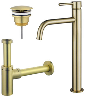 FortiFura Calvi Slim Wastafelkraanset - verhoogde wastafelkraan - always open plug - design sifon - Geborsteld Messing PVD (Goud) SW720546/SW696208/SW696213 Messing geborsteld (goud)