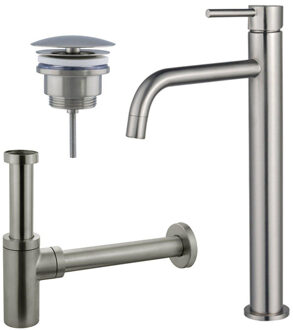 FortiFura Calvi Slim Wastafelkraanset - verhoogde wastafelkraan - always open plug - design sifon - Geborsteld RVS PVD (RVS) SW377859/SW696207/SW696212 RVS geborsteld