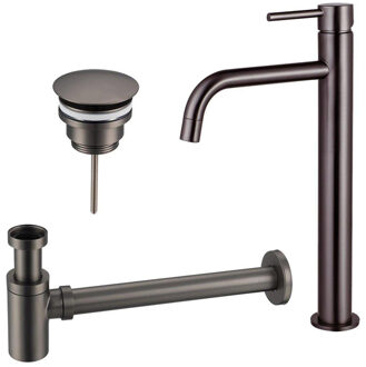 FortiFura Calvi Slim Wastafelkraanset - verhoogde wastafelkraan - always open plug - verlaagde design sifon - Geborsteld Gunmetal PVD SW766539/SW769487/SW767295 Gunmetal geborsteld (antraciet)
