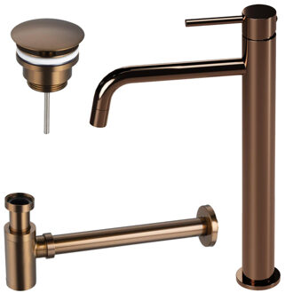 FortiFura Calvi Slim Wastafelkraanset - verhoogde wastafelkraan - always open plug - verlaagde design sifon - Geborsteld koper PVD (Koper) SW799403/SW970030/SW799405 Koper geborsteld