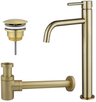 FortiFura Calvi Slim Wastafelkraanset - verhoogde wastafelkraan - always open plug - verlaagde design sifon - Geborsteld Messing PVD (Goud) SW720546/SW696208/SW696218 Messing geborsteld (goud)