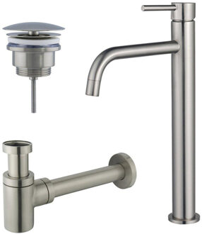 FortiFura Calvi Slim Wastafelkraanset - verhoogde wastafelkraan - always open plug - verlaagde design sifon - Geborsteld RVS PVD (RVS) SW377859/SW696207/SW696217 RVS geborsteld
