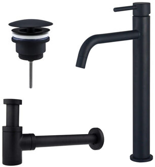 FortiFura Calvi Slim Wastafelkraanset - verhoogde wastafelkraan - always open plug - verlaagde design sifon - Mat zwart SW377836/SW696205/SW696215 Zwart mat