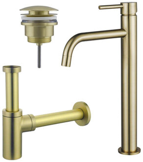 FortiFura Calvi Slim Wastafelkraanset - verhoogde wastafelkraan - klikwaste plug - design sifon - Geborsteld Messing PVD (Goud) SW720546/SW696202/SW696213 Messing geborsteld (goud)