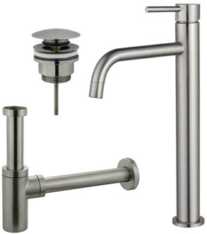 FortiFura Calvi Slim Wastafelkraanset - verhoogde wastafelkraan - klikwaste plug - design sifon - Geborsteld RVS PVD (RVS) SW377859/SW696201/SW696212 RVS geborsteld