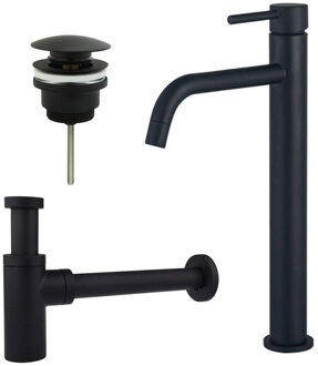 FortiFura Calvi Slim Wastafelkraanset - verhoogde wastafelkraan - klikwaste plug - design sifon - Mat zwart SW377836/SW696199/SW696210 Zwart mat