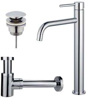 FortiFura Calvi Slim Wastafelkraanset - verhoogde wastafelkraan - klikwaste plug - verlaagde design sifon - Chroom SW377813/SW696203/SW696219