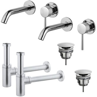 FortiFura Calvi Slim Wastafelkraanset - voor dubbele wastafel - inbouw wastafelkraan - always open plug - design sifon - Chroom 2x SW377814/2x SW696209/2x SW696214