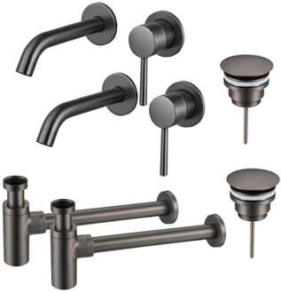 FortiFura Calvi Slim Wastafelkraanset - voor dubbele wastafel - inbouw wastafelkraan - always open plug - design sifon - Geborsteld Gunmetal PVD 2x SW766534/2x SW769487/2x SW767297 Gunmetal geborsteld (antraciet)